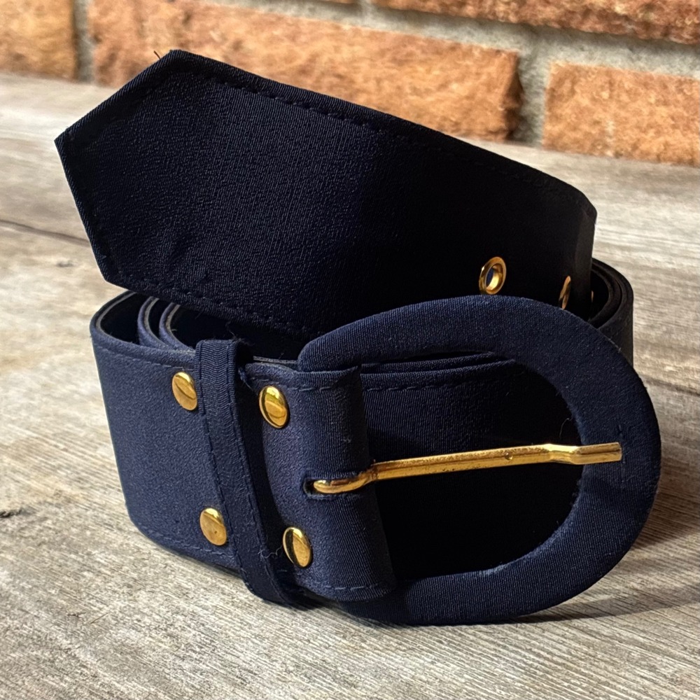 Vintage 1980s Navy Blue Wide Statement Waist Cinch Belt Gold Buckle